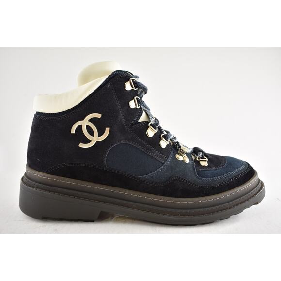 Chanel 23C Blue Black CC Combat Lace Up Tie Ankle Short Hiking Ski Snow Boots 42 - Picture 2 of 16